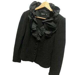 Rickie Freeman Teri Jon Black Ribbed Tafetta Ruffle Collar Blazer